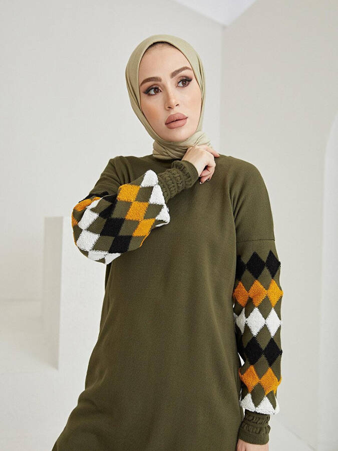 Women's Haki Knit Sweater with Embroidered Sleeves - 7