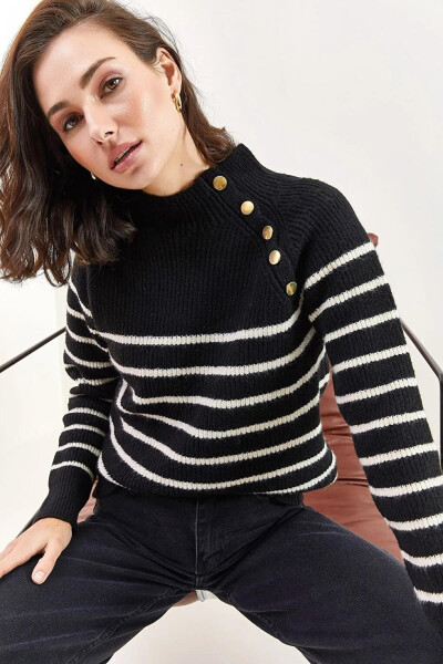 Women's Half Fisherman Collar Shoulder Button Detailed Knit Sweater - 11