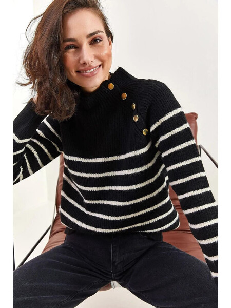 Women's Half Fisherman Collar Shoulder Button Detailed Knit Sweater - 7