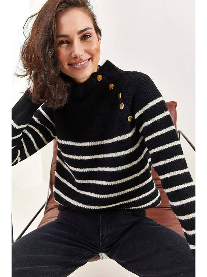 Women's Half Fisherman Collar Shoulder Button Detailed Knit Sweater - 2