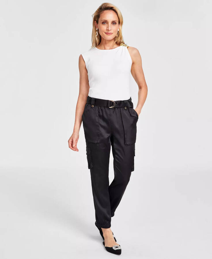 Women's High-Rise Belted Satin Cargo Pants, Regular & Petite, Created for Modazone Deep Black - 1