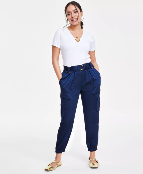 Women's High-Rise Belted Satin Cargo Pants, Regular & Petite, Created for Modazone Indigo Sea - 1