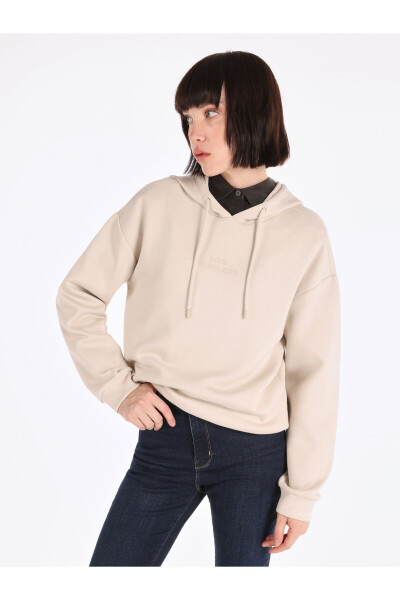 Women's hooded, beige, regular fit sweatshirt - 1