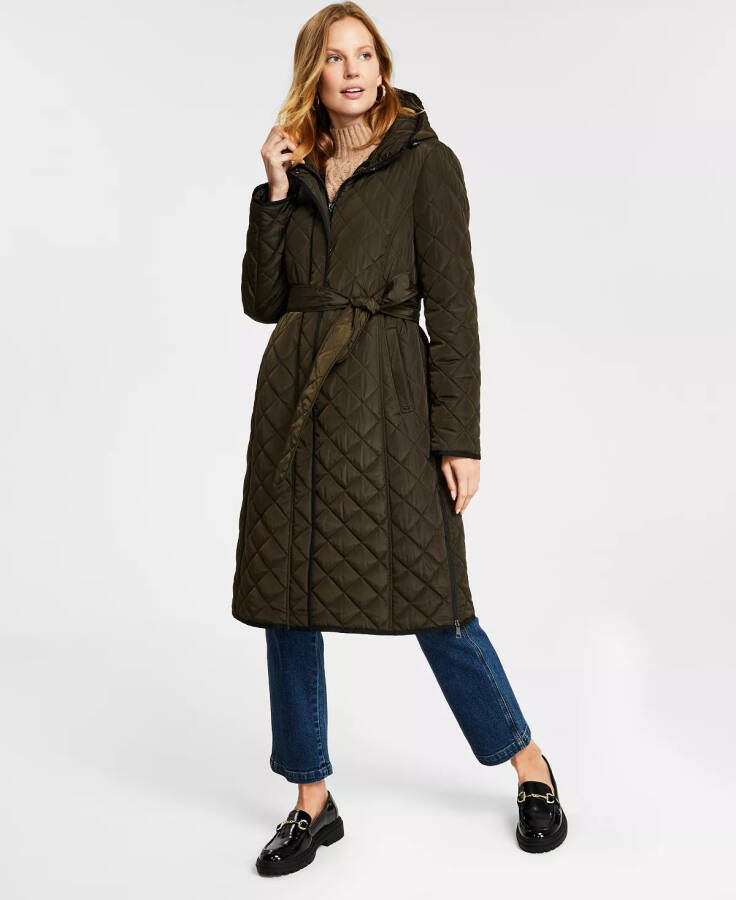 Women's Hooded Belted Quilted Coat Loden - 1