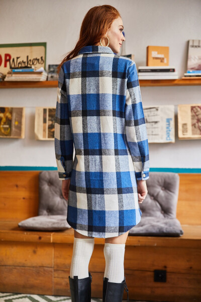 Women's Indigo Ecru Lumberjack Thick Plaid Tunic Dress ELB-19000836 - 2