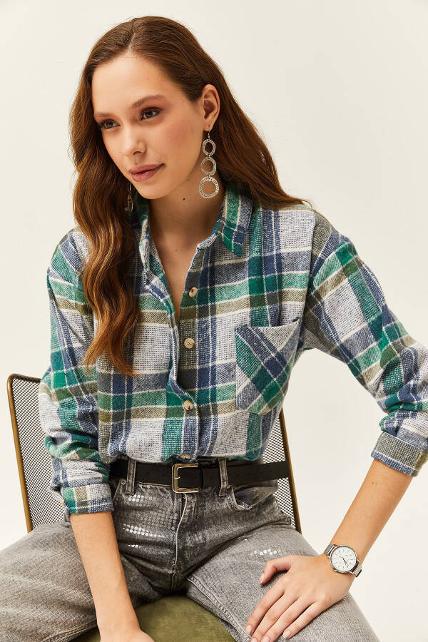 Women's Indigo Emerald Single Pocket Plaid Lumberjack Shirt GML-19001163 - 2