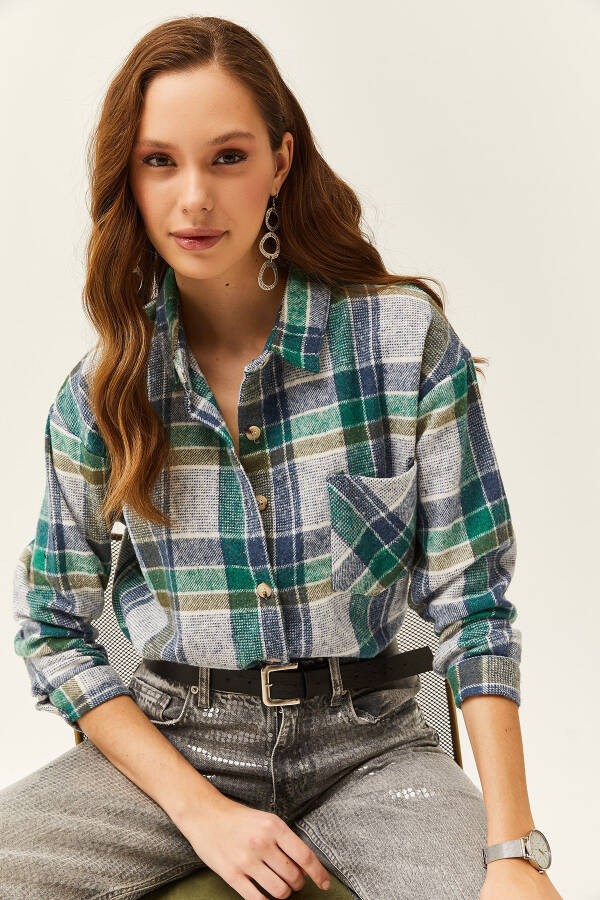 Women's Indigo Emerald Single Pocket Plaid Lumberjack Shirt GML-19001163 - 4