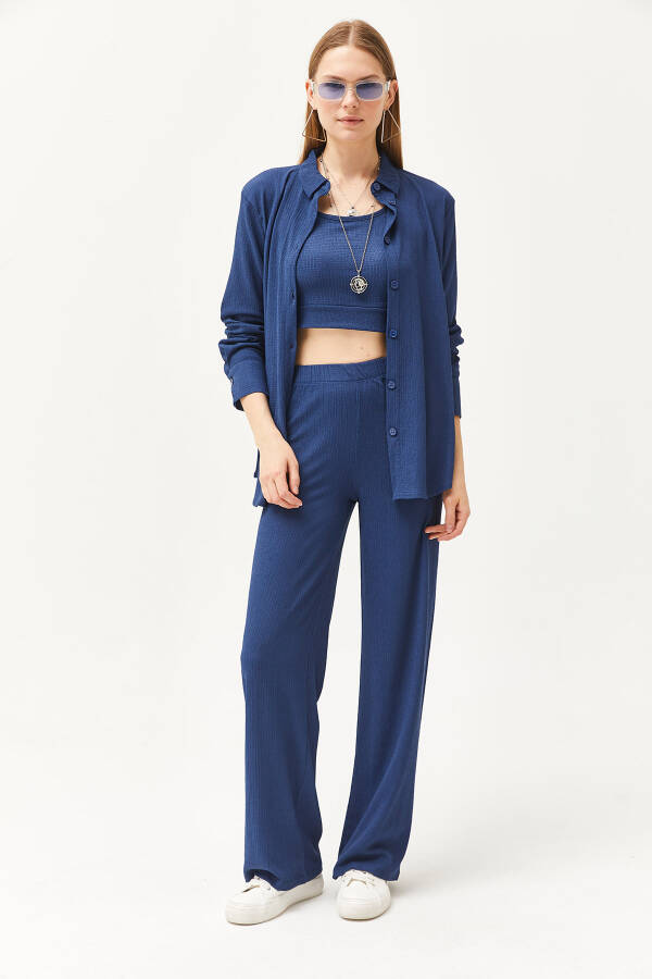 Women's Indigo Shirt Blouse Pants 3 Piece Suit TKM-19000270 - 3