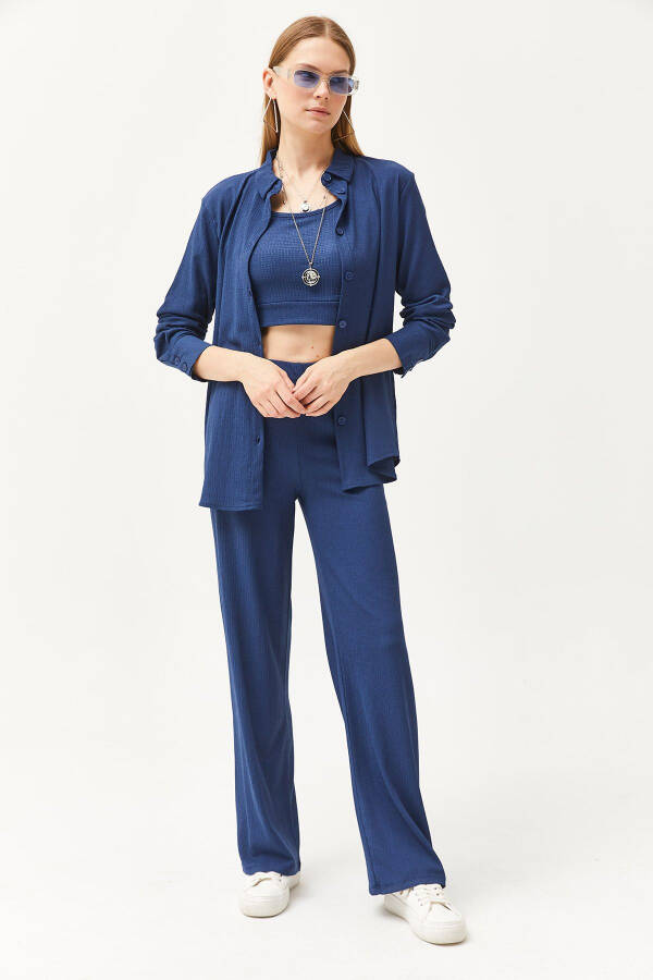 Women's Indigo Shirt Blouse Pants 3 Piece Suit TKM-19000270 - 4