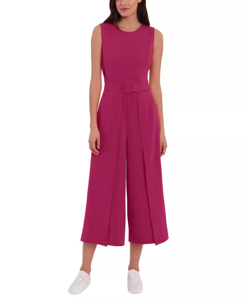 Women's Jewel Neck Belted Cropped Jumpsuit Cherry - 3