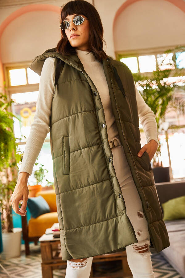 Women's Khaki Hooded Pocket Puffer Vest YLK-19000007 - 5