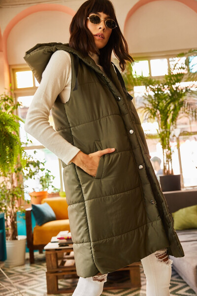 Women's Khaki Hooded Pocket Puffer Vest YLK-19000007 - 6