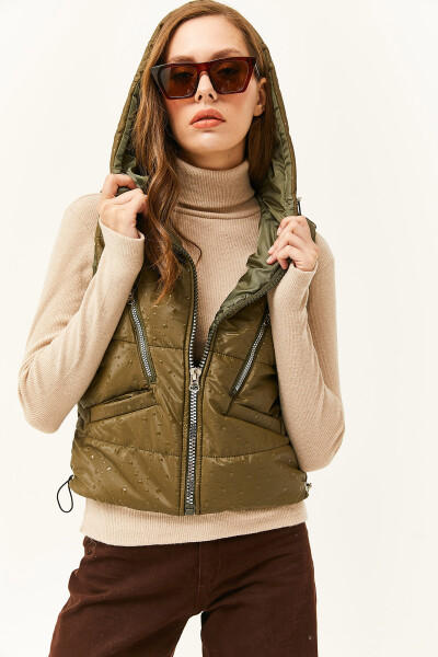 Women's Khaki Rain Drop Effect Pocket Lined Puffy Vest YLK-19000022 - 2