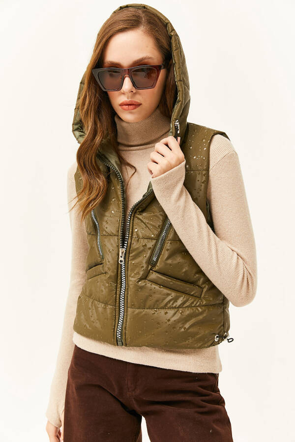 Women's Khaki Rain Drop Effect Pocket Lined Puffy Vest YLK-19000022 - 3