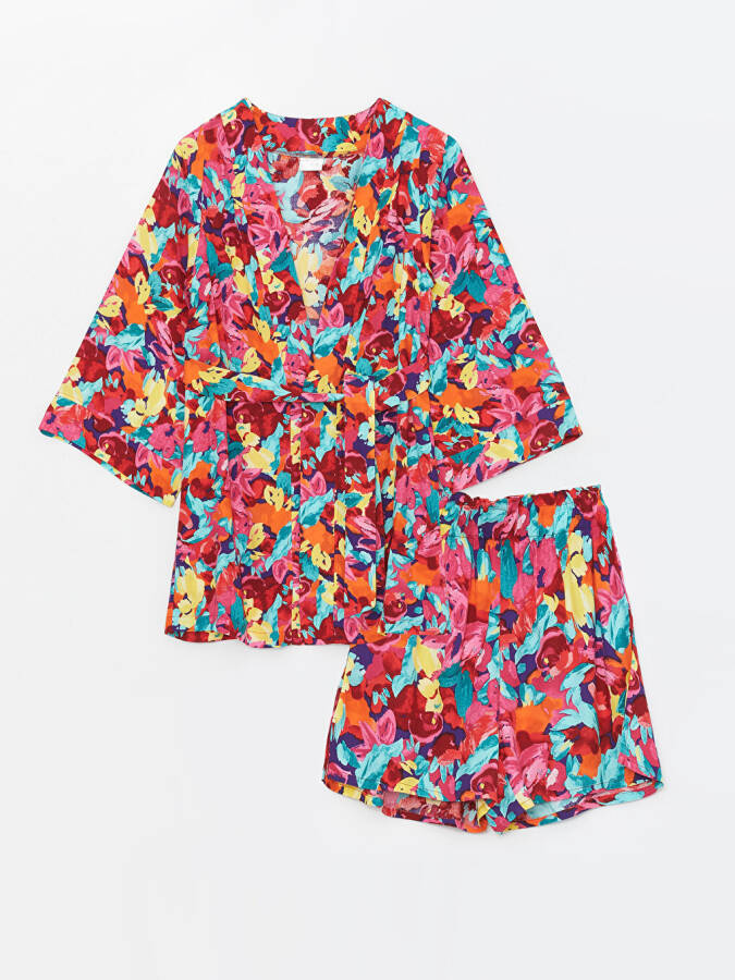 Women's Kimono and Shorts Set with Shawl Collar and Floral Print - 7