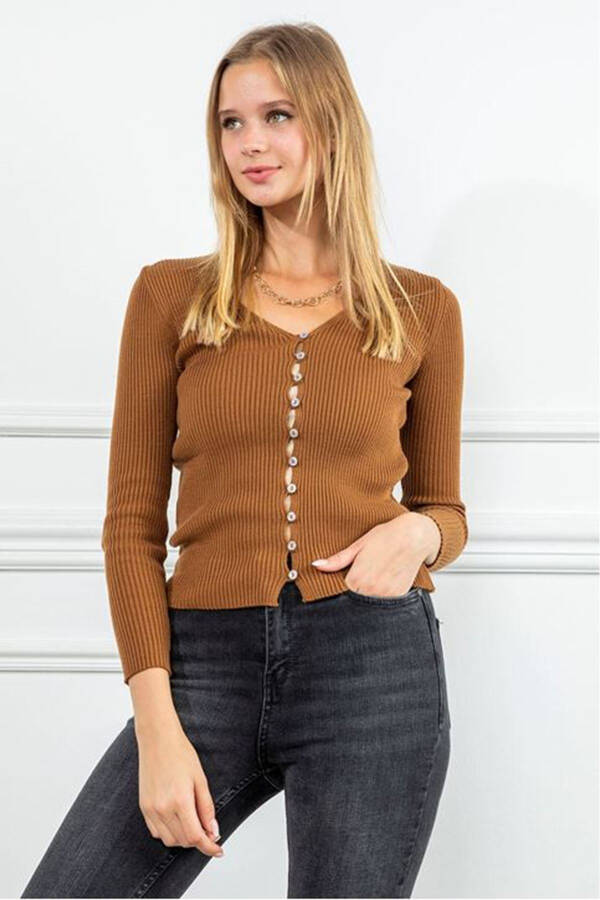 Women's Knit V-Neck Full Fit Button Cardigan - Coffee - 19