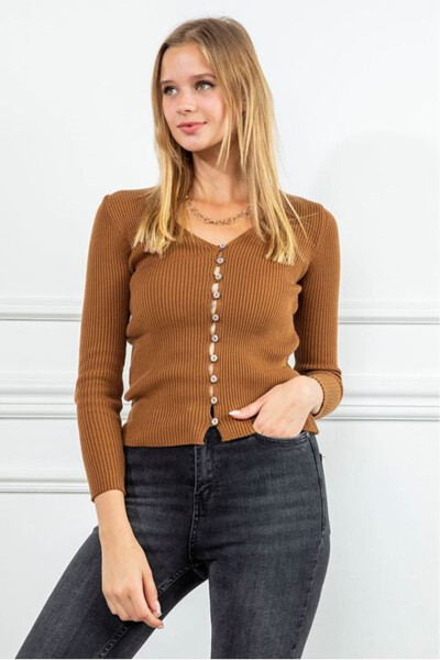 Women's Knit V-Neck Full Fit Button Cardigan - Coffee - 21