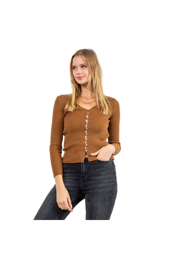 Women's Knit V-Neck Full Fit Button Cardigan - Coffee - 35