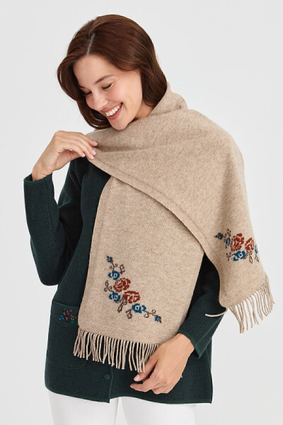 Women's Knitted Edge Floral Wool Scarf K.Beige - 16