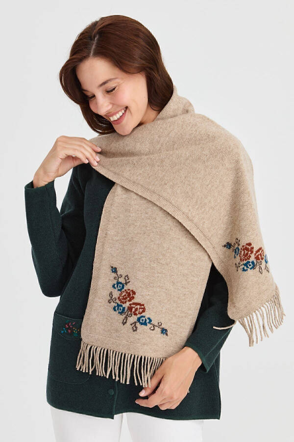 Women's Knitted Edge Floral Wool Scarf K.Beige - 16