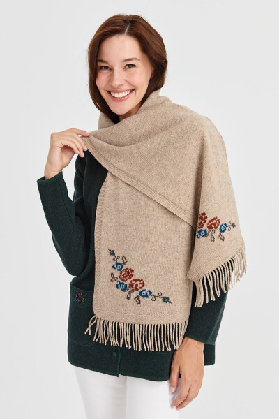 Women's Knitted Edge Floral Wool Scarf K.Beige - 17