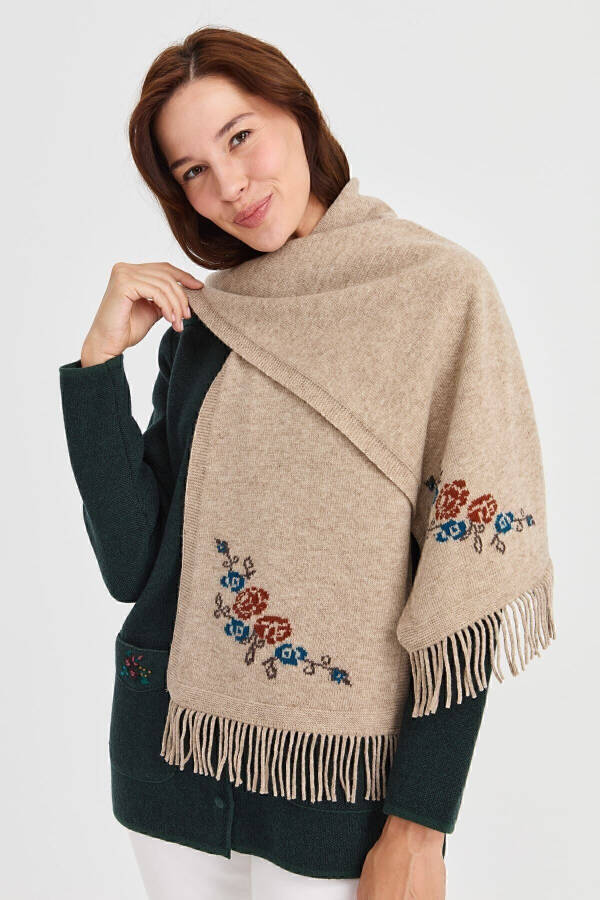 Women's Knitted Edge Floral Wool Scarf K.Beige - 18