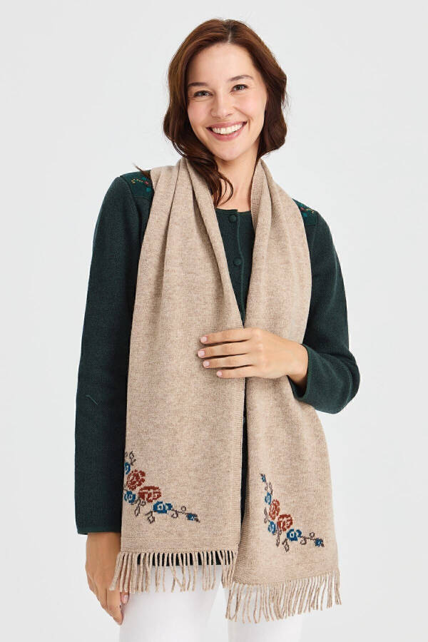 Women's Knitted Edge Floral Wool Scarf K.Beige - 20