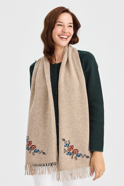 Women's Knitted Edge Floral Wool Scarf K.Beige - 21