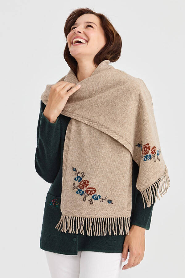 Women's Knitted Edge Floral Wool Scarf K.Beige - 8