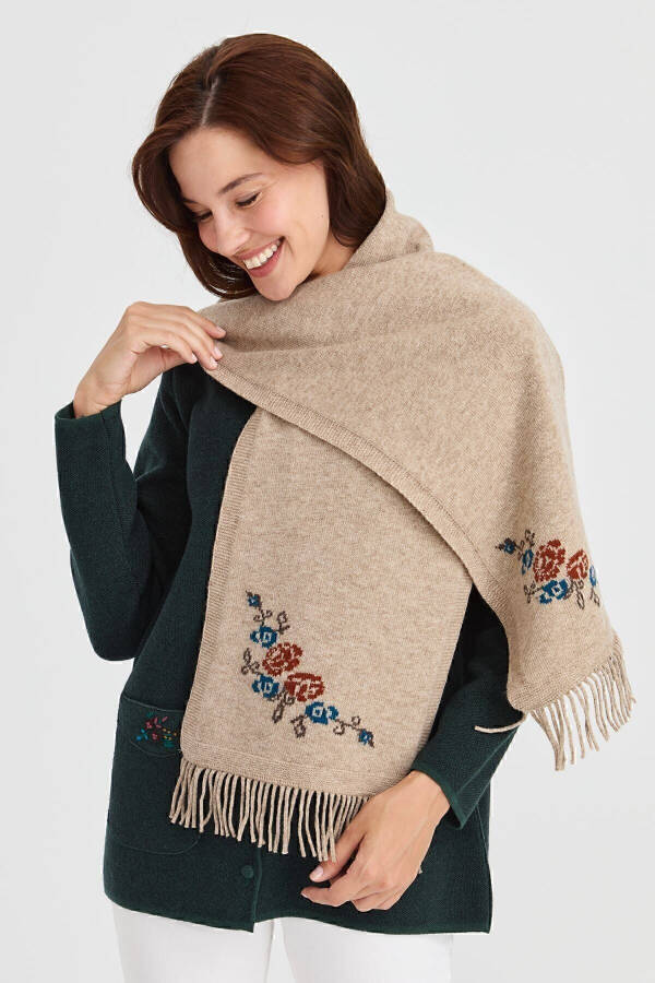 Women's Knitted Edge Floral Wool Scarf K.Beige - 9