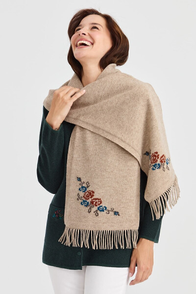 Women's Knitted Edge Floral Wool Scarf K.Beige - 1