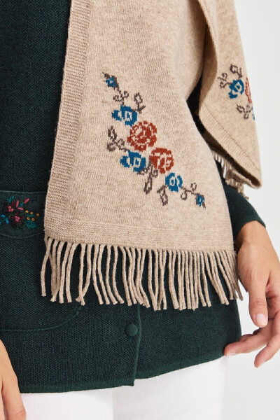 Women's Knitted Edge Floral Wool Scarf K.Beige - 5