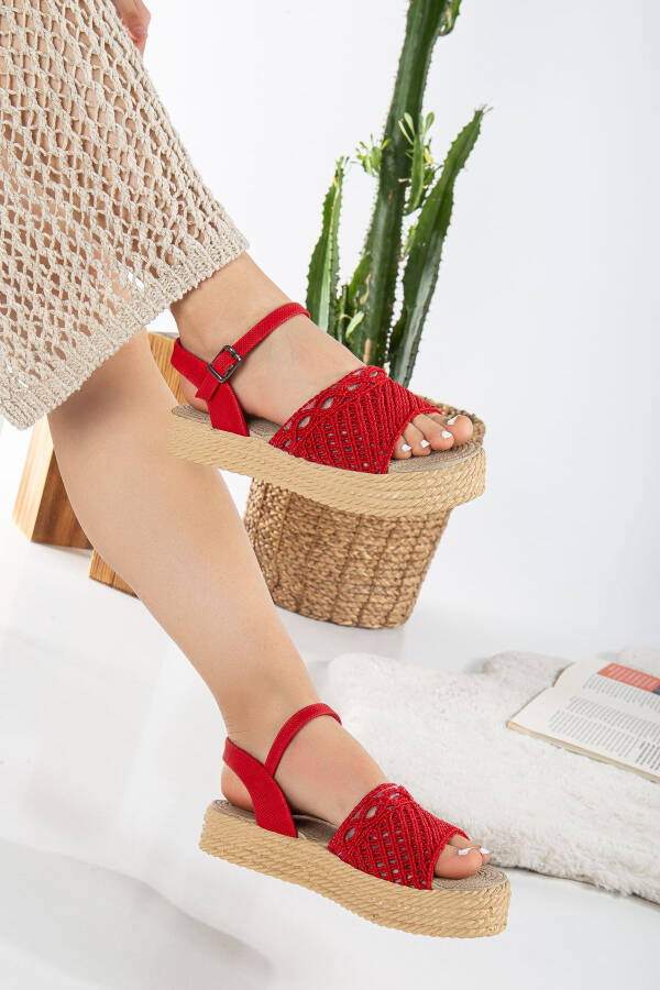 Women's Knitted Straw Padded Heeled Baby Red Sandals (3cm) - 5