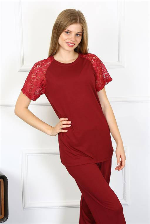 Women's Lace Sleeve Combed Cotton Pajama Set 4152 - 7