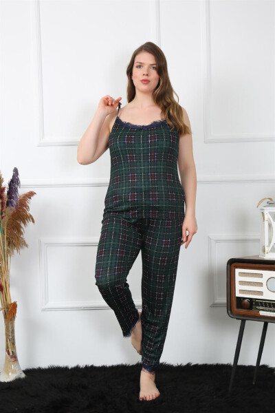 Women's Large Size Green Plaid Rope Strap Pajamas Set 202197 - 1