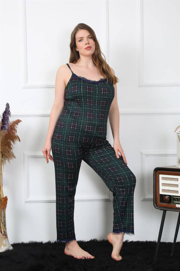 Women's Large Size Green Plaid Rope Strap Pajamas Set 202197 - 2