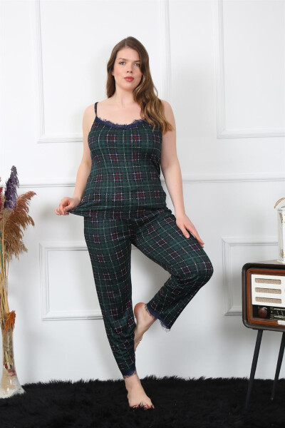 Women's Large Size Green Plaid Rope Strap Pajamas Set 202197 - 3