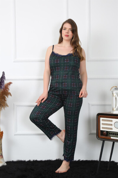 Women's Large Size Green Plaid Rope Strap Pajamas Set 202197 - 4