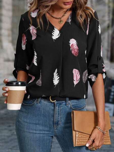 Women's Leaf Print Adjustable Sleeve Super Soft Blouse - 1