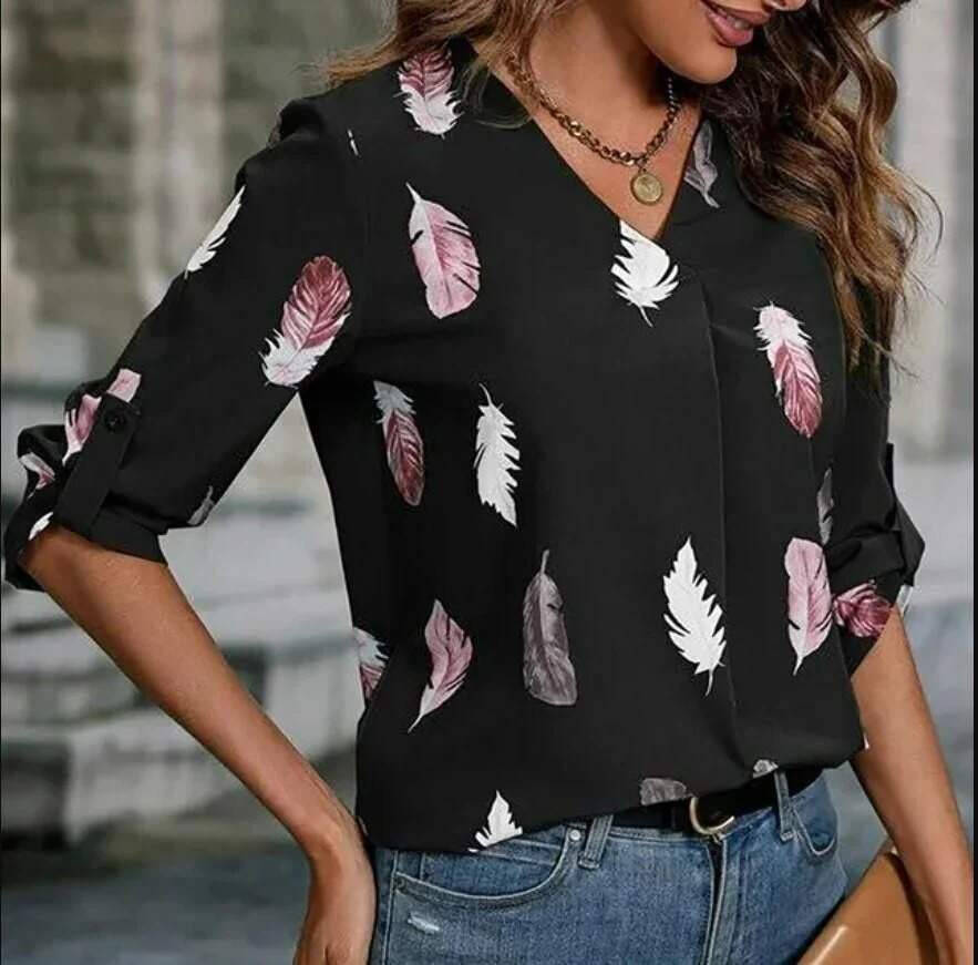 Women's Leaf Print Adjustable Sleeve Super Soft Blouse - 2