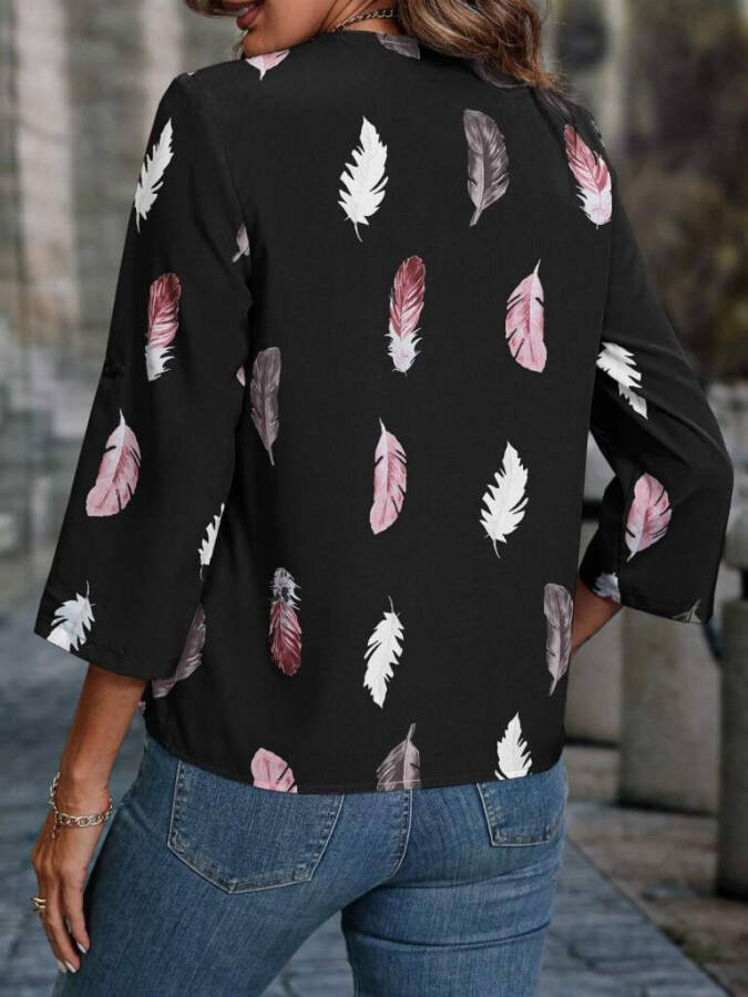 Women's Leaf Print Adjustable Sleeve Super Soft Blouse - 3