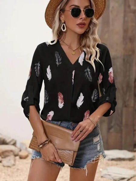 Women's Leaf Print Adjustable Sleeve Super Soft Blouse - 4