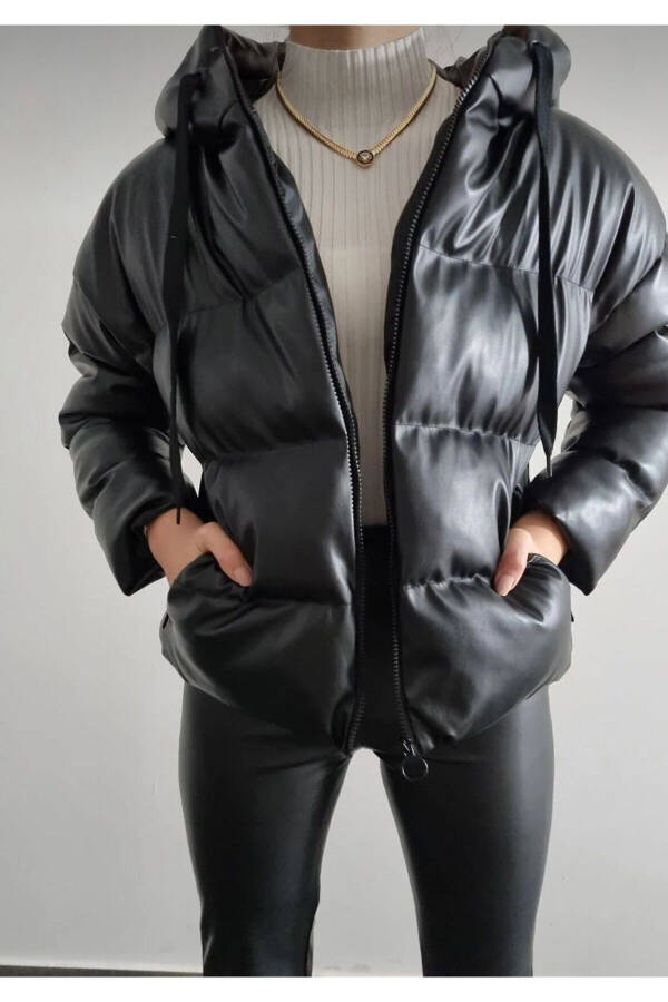 Women's Leather Hooded Black Puffer Jacket - 1