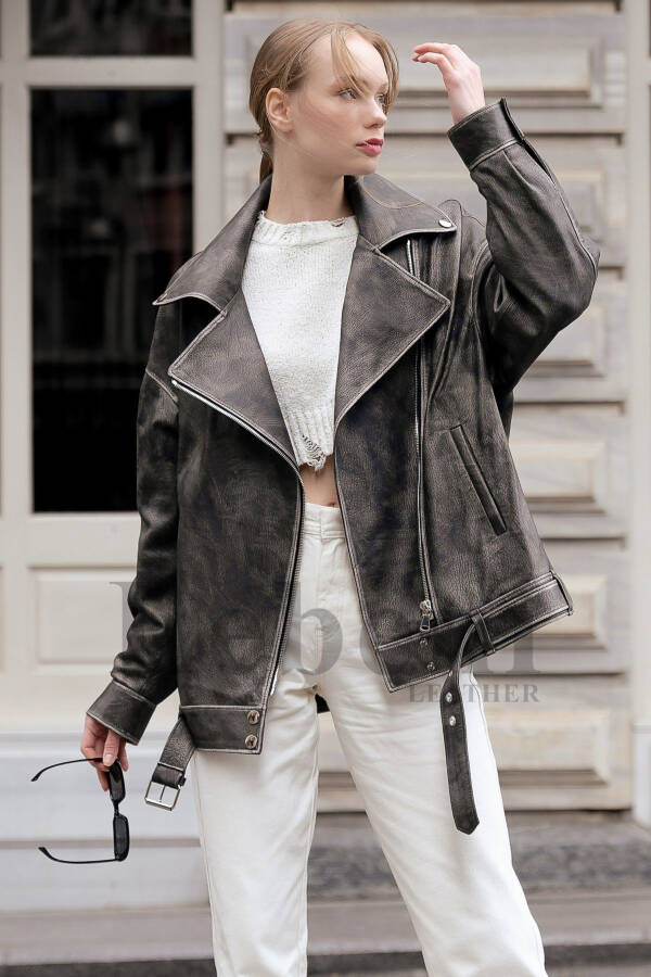 Women's Leather Jacket - Oversize Gray Vintage Long Biker Genuine Lambskin Leather Coat - 1