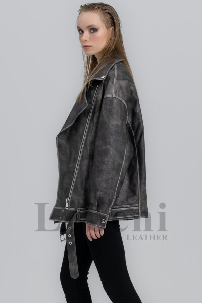 Women's Leather Jacket - Oversize Gray Vintage Long Biker Genuine Lambskin Leather Coat - 4