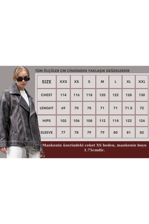 Women's Leather Jacket - Oversize Gray Vintage Long Biker Genuine Lambskin Leather Coat - 5