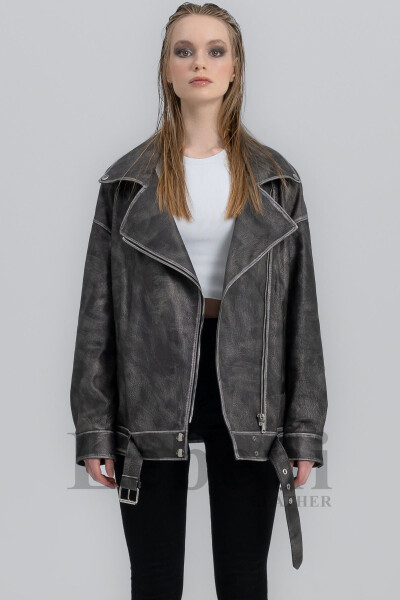 Women's Leather Jacket - Oversize Gray Vintage Long Biker Genuine Lambskin Leather Coat - 7