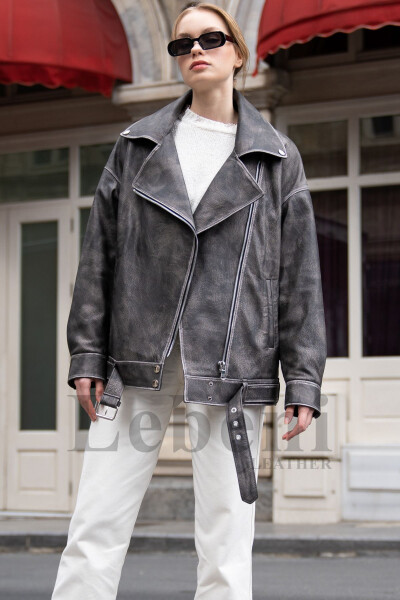 Women's Leather Jacket - Oversize Gray Vintage Long Biker Genuine Lambskin Leather Coat - 8