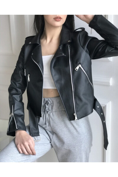 Women's Leather Jacket with Belt - 4