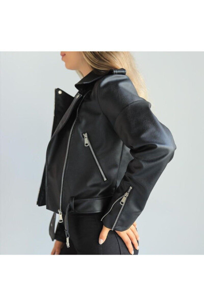 Women's Leather Jacket with Belt - 5